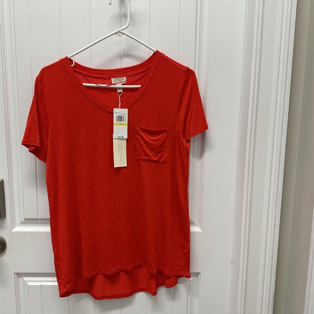Greige Brand Pocket T Shirt Womens V Neck Fiery Red New 49